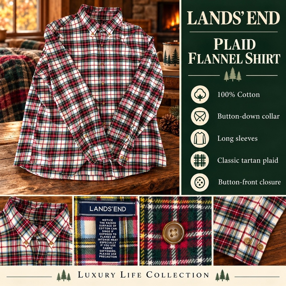 Lands End Mens Flannel Shirt Long Sleeve Plaid Cotton Red Blue White XL